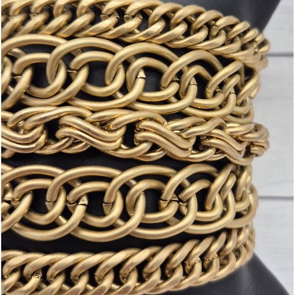 Brushed Gold Tone Multi Mixed Chain Magnetic Clasp 2.5" Wide Statement Bracelet - Picture 2 of 5